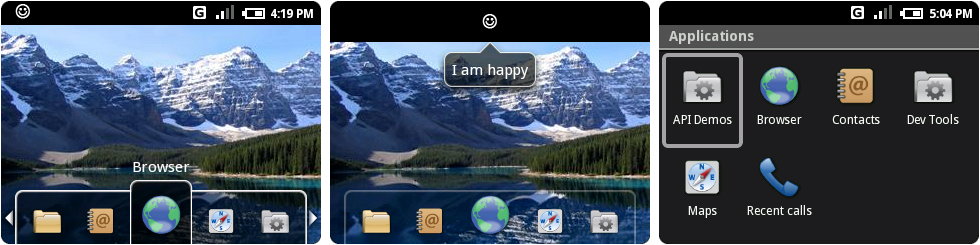 从左到右:主屏幕,一个打开的通知,以及“应用”文件夹。