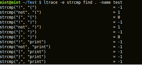 output of ltrace capturing &lsquo;strcmp&rsquo; library call