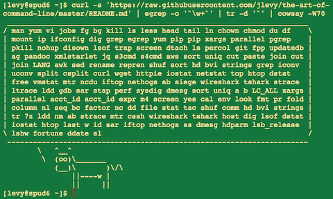curl -s &lsquo;https://raw.githubusercontent.com/jlevy/the-art-of-command-line/master/README.md&rsquo; | egrep -o &lsquo;\w+&rsquo; | tr -d &lsquo;`&rsquo; | cowsay -W50