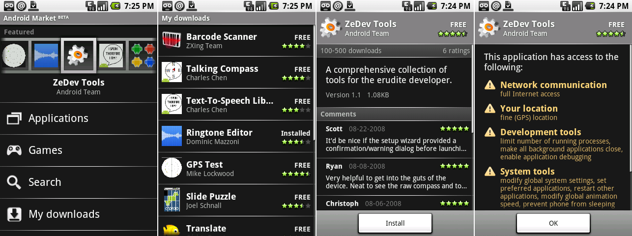 第一个安卓市场客户端。截图展示了主页,“我的下载”,一个应用页面,以及一个应用权限页面。