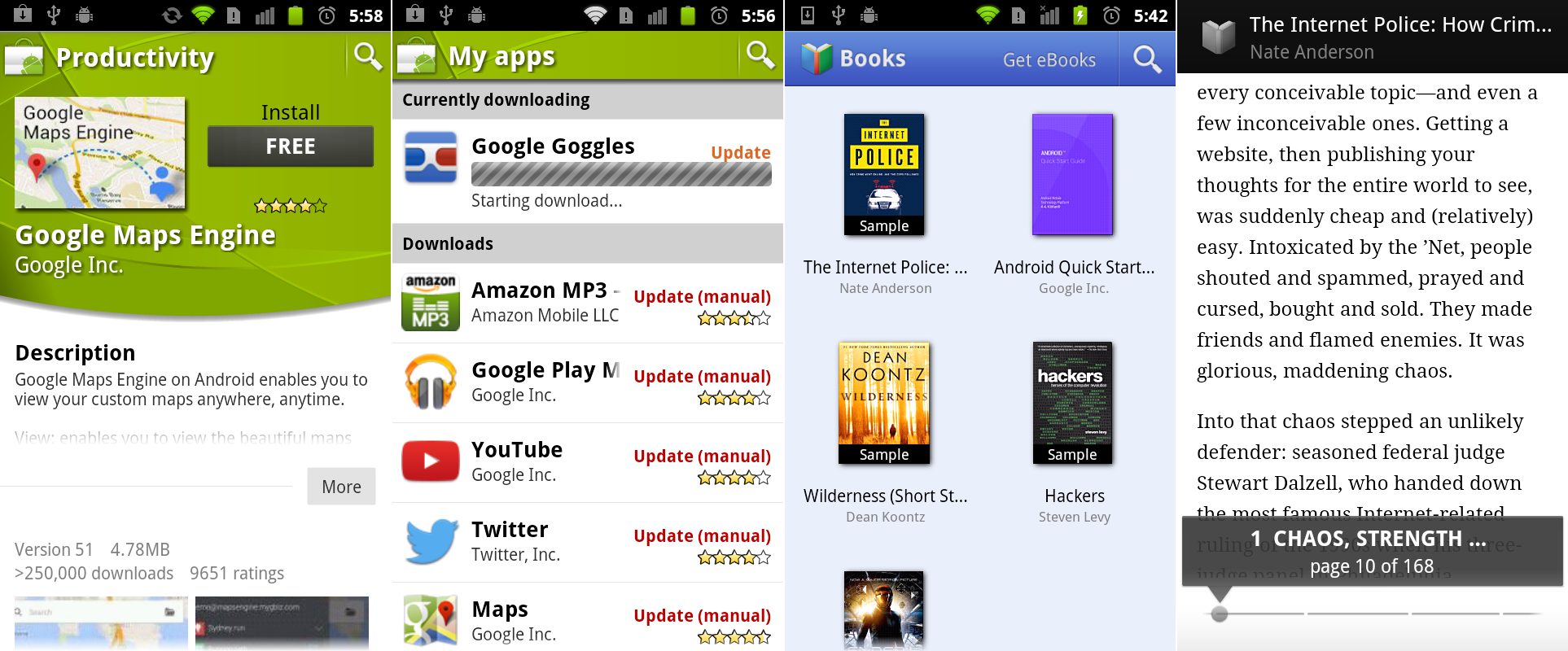 市场的一个带有可折叠描述的应用详情页面,“我的应用”界面,以及Google Books界面截图。